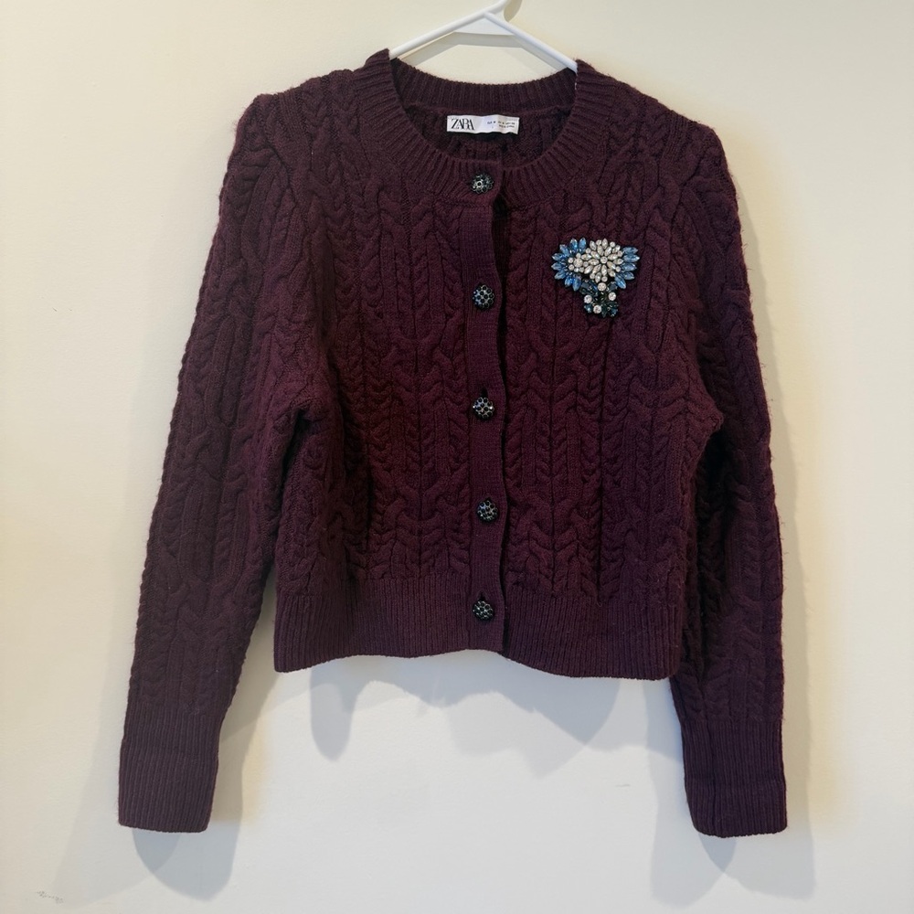 Zara Burgundy/Maroon Cable Knit Embellished Cardigan Size M